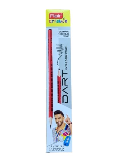 FLAIR Creative DART 2B Graphite Pencils – Extra Dark Lead for Exams & OMR Filling – Ergonomic Triangular Body Wooden Pencils – Includes 1 Sharpener & 1 Eraser – Ideal for School