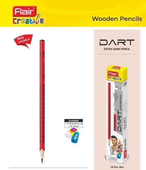FLAIR Creative DART 2B Graphite Pencils – Extra Dark Lead for Exams & OMR Filling – Ergonomic Triangular Body Wooden Pencils – Includes 1 Sharpener & 1 Eraser – Ideal for School - Image 4