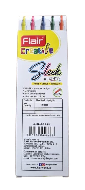 FLAIR Creative 5 Flourescent Shades Minamalist Sleek Highlighter/Textliner Pack of 5|