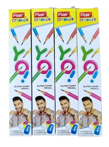 FLAIR Creative YO Extra Dark 2B Wooden Pencils 10| Ergonomic Hexagonal Design| Soft Treated Premium Wood| Eraser & Sharpener| Pack of