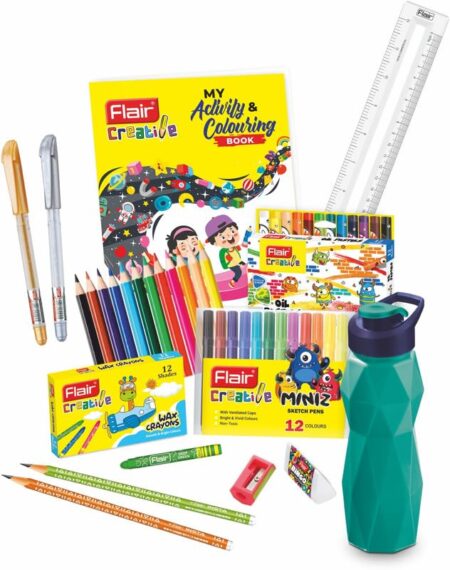 Flair Creative Series Sip Zip Art Smart Kit | School Stationery Kit, Ideal for Kids Gifting | Use for Writing, Colouring, Drawing & Crafting | Colourful Sipper Included - Colour May Vary