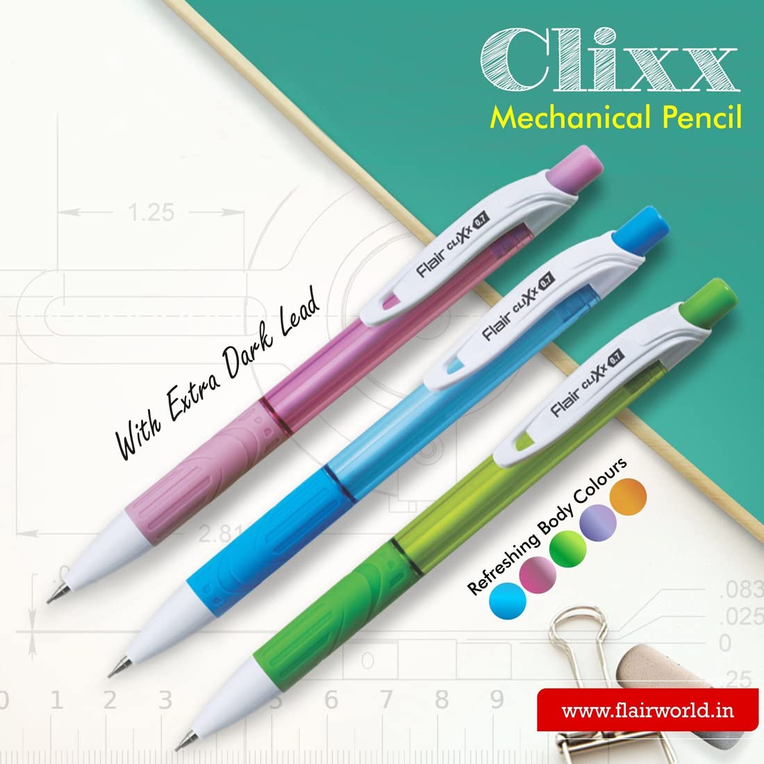 FLAIR Clixx Medium 0.7 mm Mechanical Pencil Pouch Pack | Triangular Barrel for Relaxed Drawing | Free One Lead Tube with Each Pencil | Light Weight with Comfortable Grip - Image 4